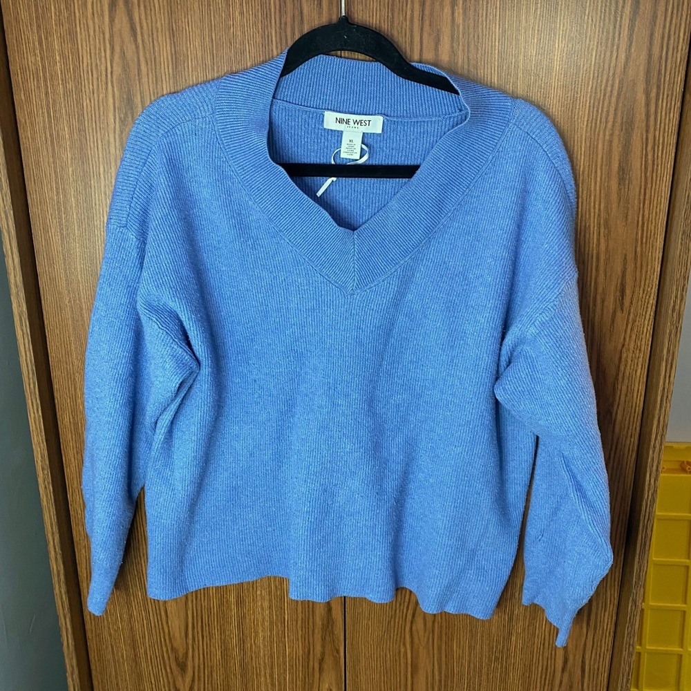 Nine West V-Neck Sweater Womens XL Blue Ribbed Knit Long Sleeve Pullover